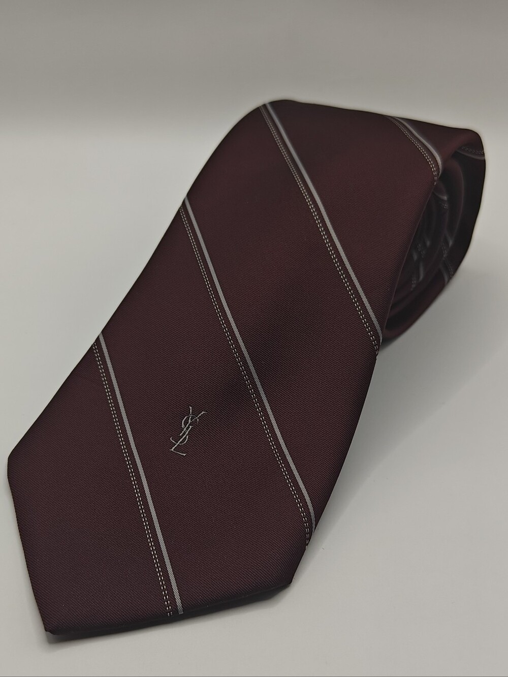 Yves Saint Laurent Maroon Stripe Silk Tie with YSL Logo